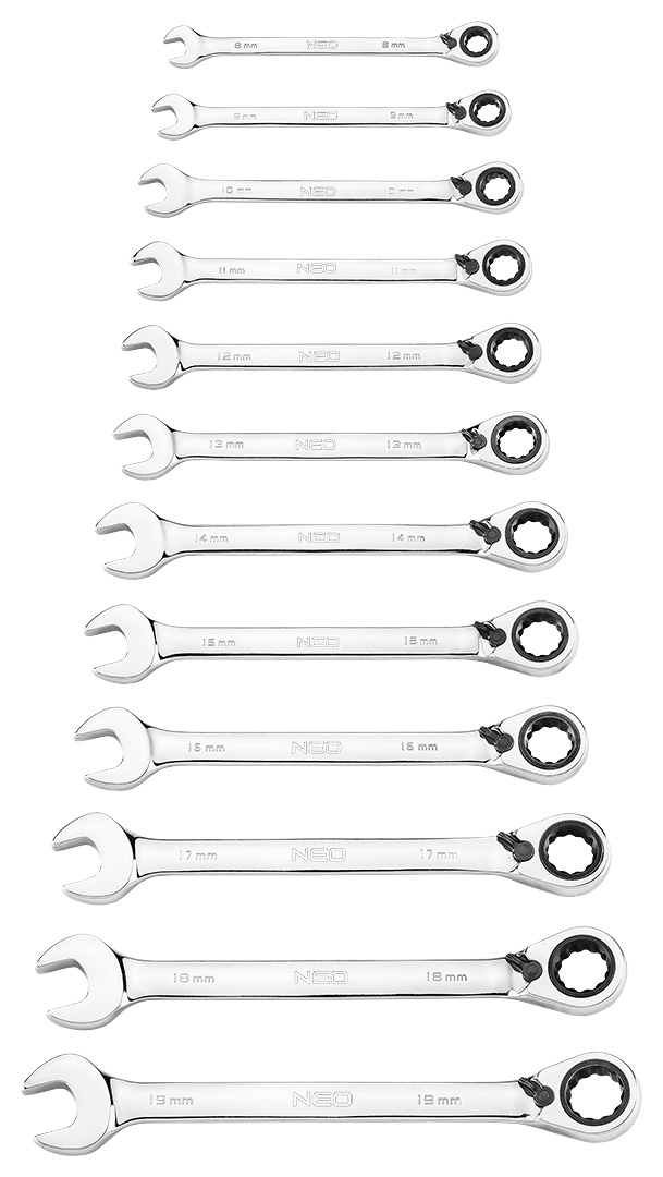 Klucze płasko-oczkowe z grzechotką i przełącznikiem, zestaw 12 szt., 8 - 19 mm, miękkie etui - obrazek 2