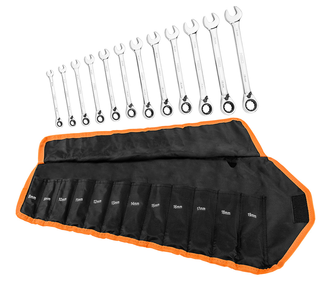 Klucze płasko-oczkowe z grzechotką i przełącznikiem, zestaw 12 szt., 8 - 19 mm, miękkie etui - obrazek 17