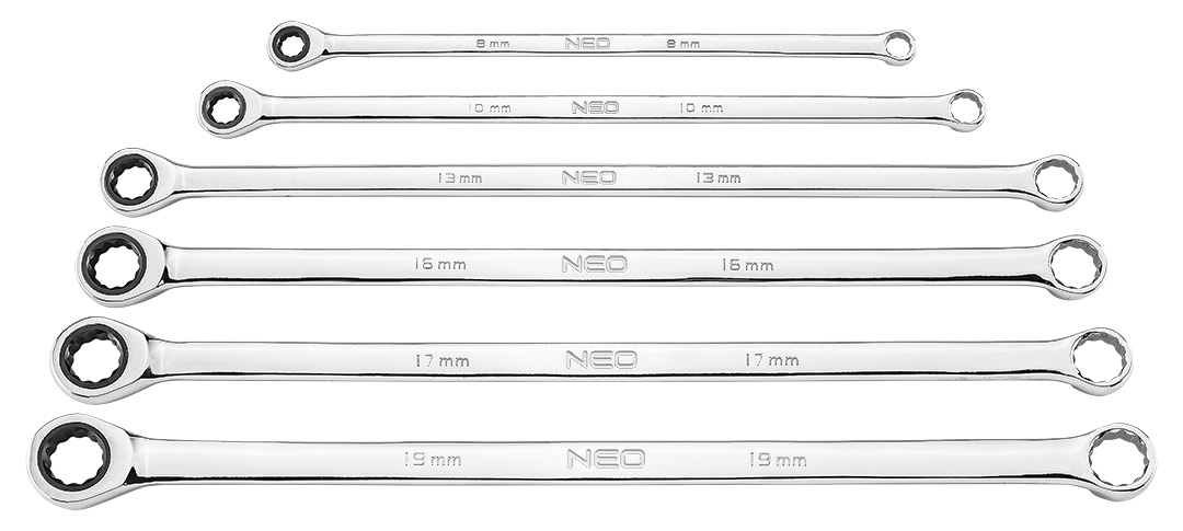 Klucze oczkowe z grzechotką, długie, zestaw 6 szt., 8 - 19 mm, miękkie etui - obrazek 2