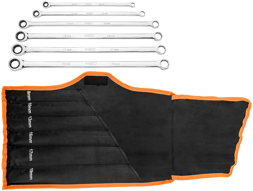 Klucze oczkowe z grzechotką, długie, zestaw 6 szt., 8 - 19 mm, miękkie etui - obrazek 3