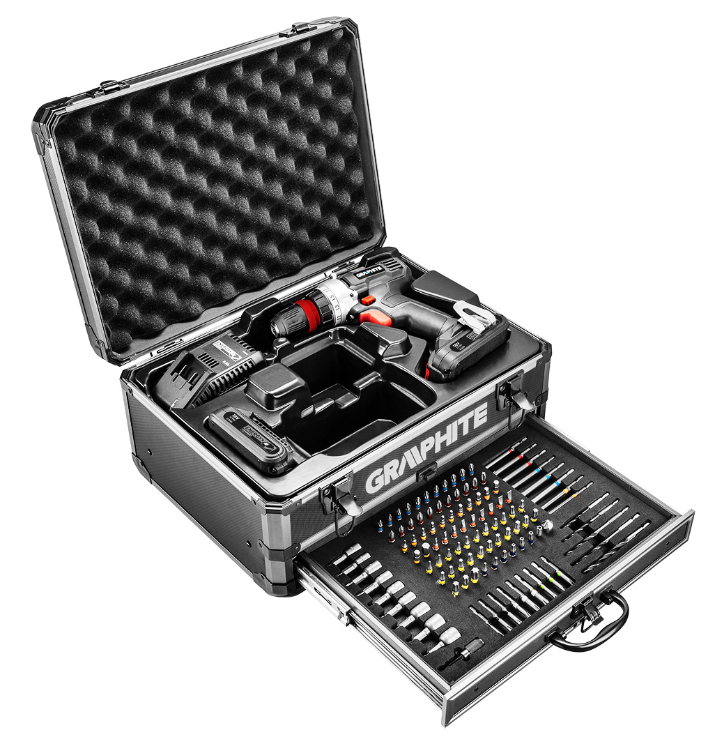 Zestaw Energy+ w walizce aluminiowej: wiertarko wkrętarka 18V 10mm, akumulator 2x2Ah, 109 akcesoriów - obrazek 7
