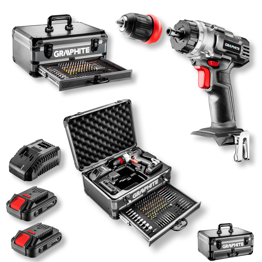 Zestaw Energy+ w walizce aluminiowej: wiertarko wkrętarka 18V 10mm, akumulator 2x2Ah, 109 akcesoriów - obrazek 8