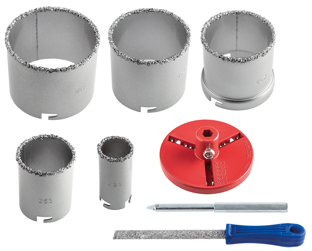 Tungsten carbide hole cuttters 32-83 mm, set 5 pcs + file - obrazek 2